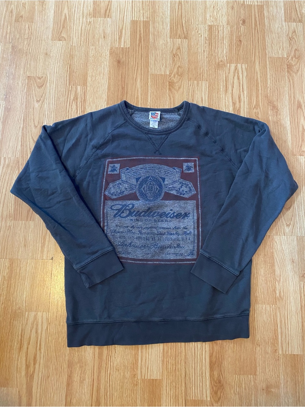 Budweiser Dark Grey Crewneck Sweatshirt with Faded Red Label Graphic